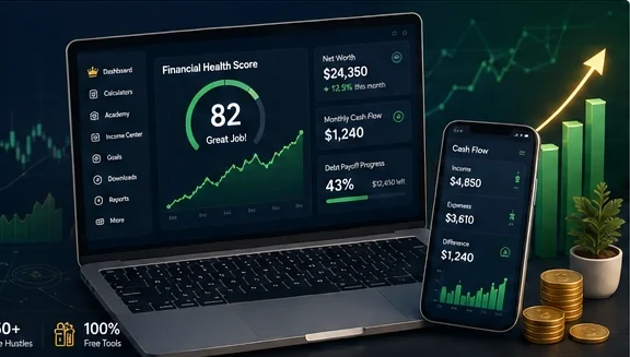 Dollar Dominator dashboard showing cash flow, financial health and goals