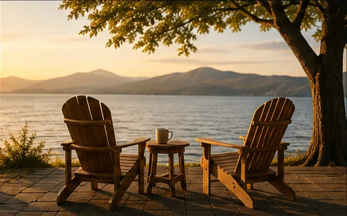 Two chairs beside a calm lake representing financial freedom