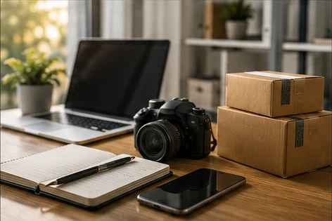 A home workspace with parcels and equipment for testing side-hustle income